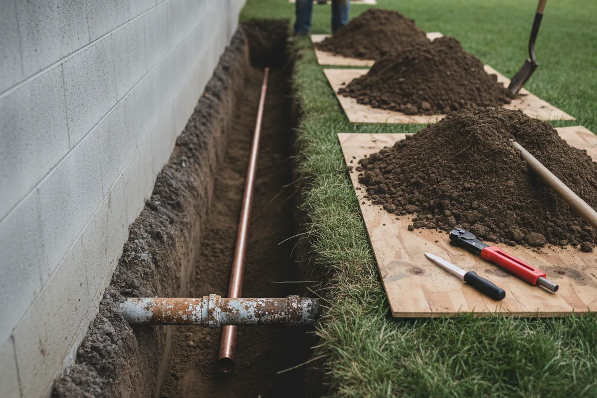 Excavated water line trench during Water Softener Installation in Ridgeway